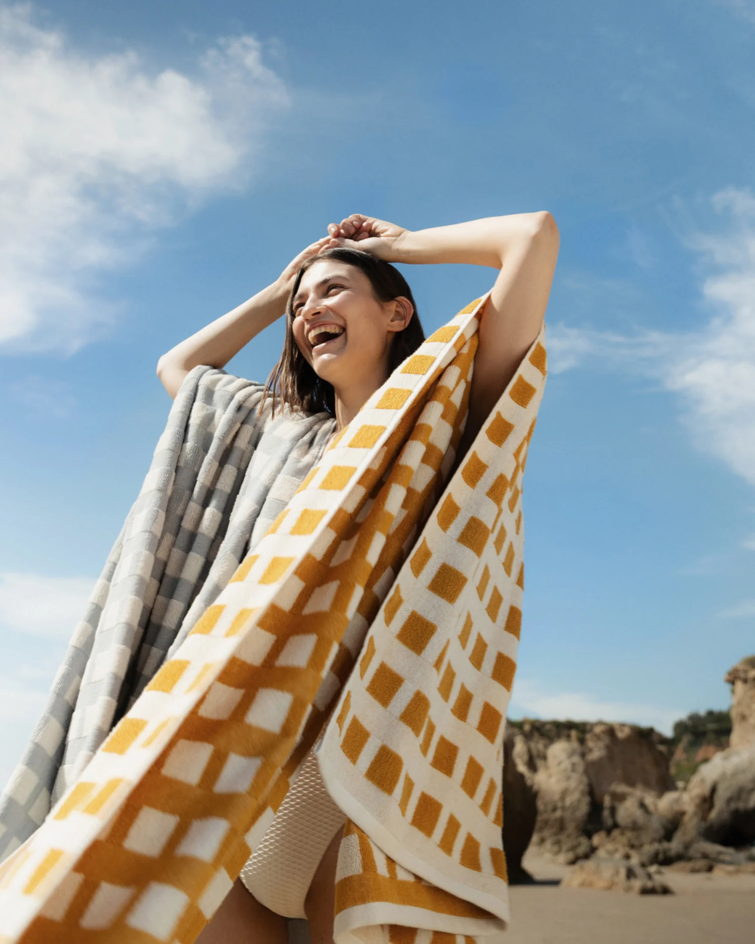 Capri Check Beach Towel (Marigold with Natural) - Image 4