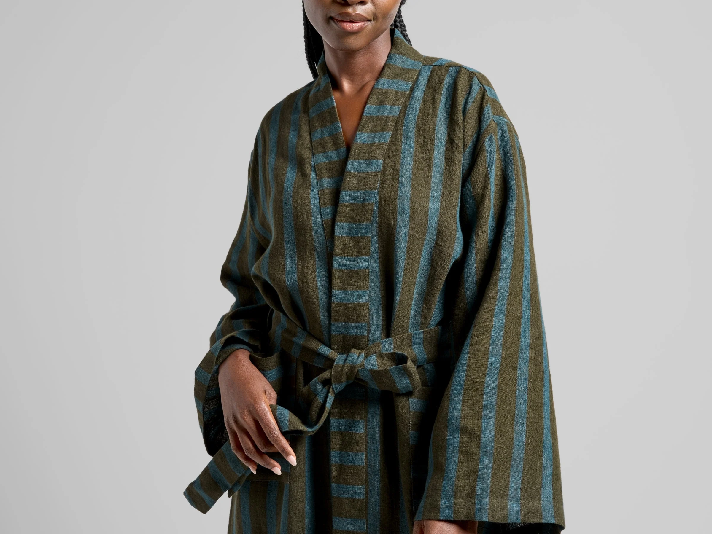 Linen Stripe Robe (Evergreen and Peacock) - Image 4